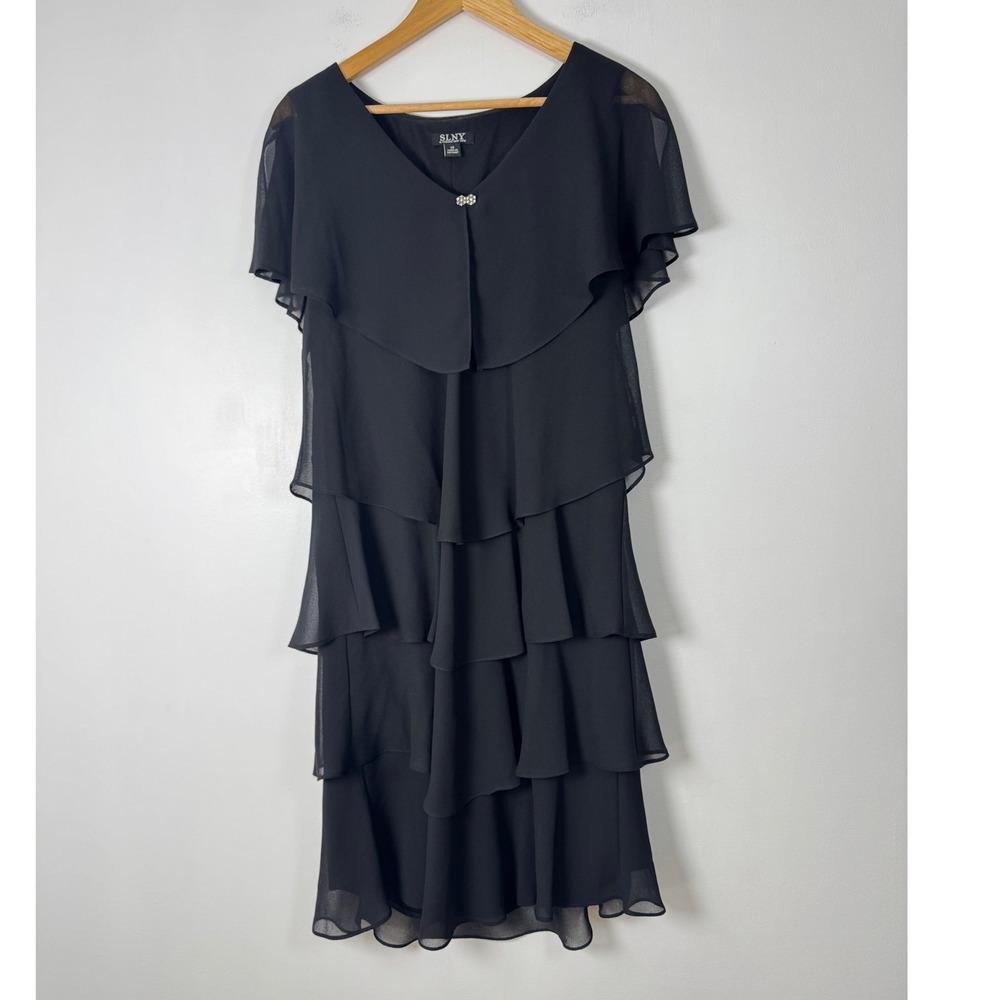 Elegant SLNY Womens Size 14 Tiered Chiffon Dress Black Rhinestone Flutter Sleeve